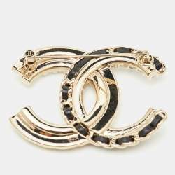 Pre Owned Chanel CC Faux Pearl Crystal Leather Gold Tone Brooch