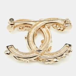 Pre Owned Chanel CC Faux Pearl Crystal Floral Gold Tone Brooch