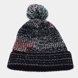 Chanel Navy Blue Wool Blend Knit Pom Pom Beanie S