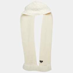 Pre Owned Chanel White Cashmere Knit Fringed Hood Scarf 