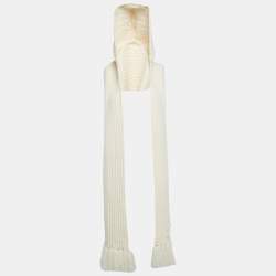Pre Owned Chanel White Cashmere Knit Fringed Hood Scarf 