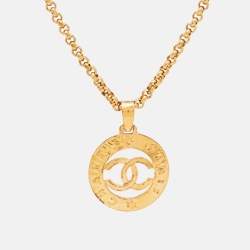 Chanel CC Gold Tone Round Pendant Long Necklace