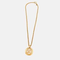 Chanel CC Gold Tone Round Pendant Long Necklace