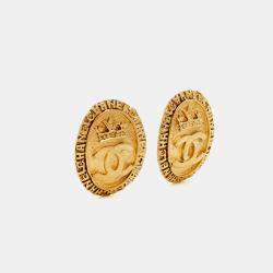 Pre Owned Chanel Vintage Royal Crown CC Gold Tone Clip-On Earring