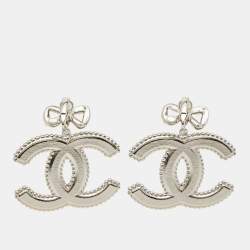 Pre Owned Chanel CC Black Composite Crystals Silver Tone Dangle Earrings