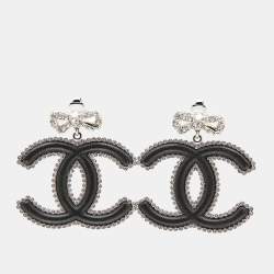 Pre Owned Chanel CC Black Composite Crystals Silver Tone Dangle Earrings