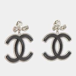 Pre Owned Chanel CC Black Composite Crystals Silver Tone Dangle Earrings