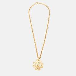 Pre Owned Chanel Vintage CC Logo Clover Gold Tone Pendant Necklace