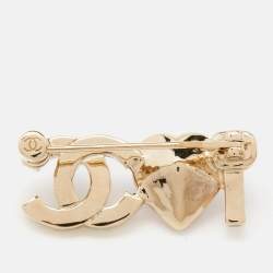 Pre Owned Chanel CC I Love You Faux Pearl Resin Gold Tone Brooch