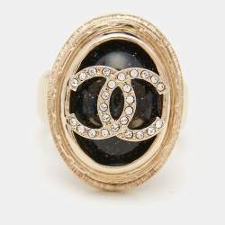 مملوكة مسبقًا Chanel CC Gripox Crystals Gold Tone Ring Size 54