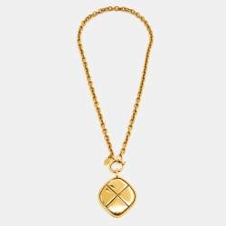 Pre Owned Chanel CC Matelassé Diamond Shape Gold Tone Necklace