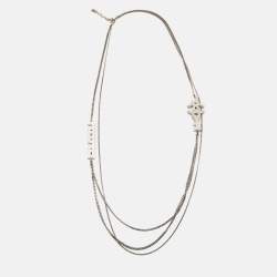Pre Owned Chanel  Coco Love Double Strand Silver Tone Long Necklace