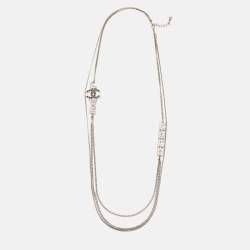 Pre Owned Chanel  Coco Love Double Strand Silver Tone Long Necklace