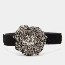 Giuseppe Black Velvet Leather Crystal Beads Silver Tone Choker Necklace