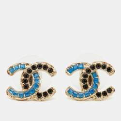 Pre Owned Chanel CC Blue Black Crystal Gold Tone Stud Earrings