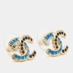 Pre Owned Chanel CC Blue Black Crystal Gold Tone Stud Earrings