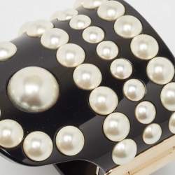 Pre Owned Chanel CC Black Resin Faux Pearl Gold Tone Cuff Bracelet