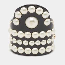 Chanel CC Black Resin Faux Pearl Gold Tone Cuff Bracelet