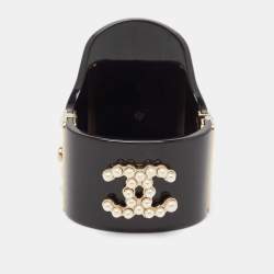 Pre Owned Chanel CC Black Resin Faux Pearl Gold Tone Cuff Bracelet