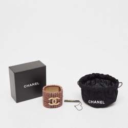 Pre Owned Chanel Tweed CC Fabric Gold Tone Wide Hinged Bangle Bracelet