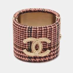Pre Owned Chanel Tweed CC Fabric Gold Tone Wide Hinged Bangle Bracelet