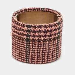 Pre Owned Chanel Tweed CC Fabric Gold Tone Wide Hinged Bangle Bracelet