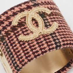 Pre Owned Chanel Tweed CC Fabric Gold Tone Wide Hinged Bangle Bracelet
