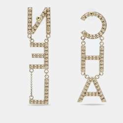 Pre Owned Chanel Letter Logo Crystals Gold Tone Earrings