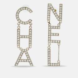 Pre Owned Chanel Letter Logo Crystals Gold Tone Earrings
