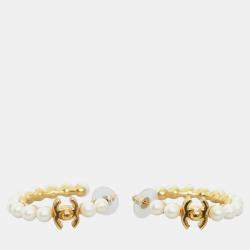 Chanel Cc Pearl Hoop Earrings