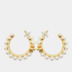 Chanel Cc Pearl Hoop Earrings
