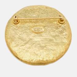 Chanel Logo Embossed Gold Tone Round Pin Brooch