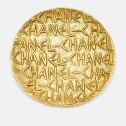 Chanel Logo Embossed Gold Tone Round Pin Brooch