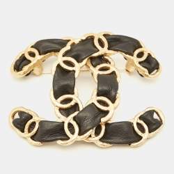 Pre Owned Chanel CC Leather Gold Tone Large Brooch