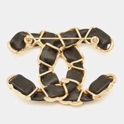 Pre Owned Chanel CC Leather Gold Tone Large Brooch