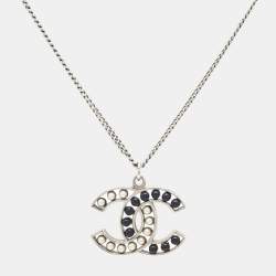 Chanel CC Enamel Faux Pearl Silver Tone Pendant Necklace