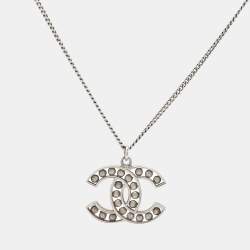 Chanel CC Enamel Faux Pearl Silver Tone Pendant Necklace