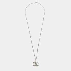 Chanel CC Enamel Faux Pearl Silver Tone Pendant Necklace