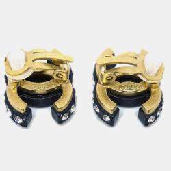 Chanel CC Black Rhinestone Clip-On Earrings 