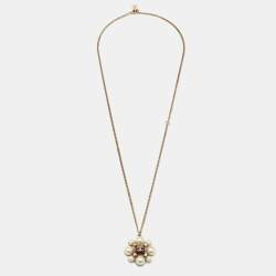 Pre Owned Chanel CC Faux Pearl Resin Crystals Gold Tone Pendant Necklace