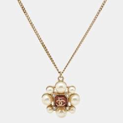 Pre Owned Chanel CC Faux Pearl Resin Crystals Gold Tone Pendant Necklace