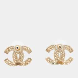 Pre Owned Chanel CC Faux Pearl Gold Tone Stud Earrings