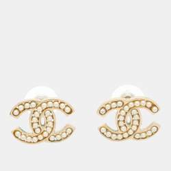 Pre Owned Chanel CC Faux Pearl Gold Tone Stud Earrings