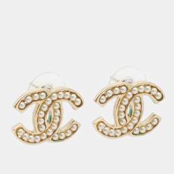 Pre Owned Chanel CC Faux Pearl Gold Tone Stud Earrings