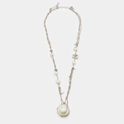 Pre Owned Chanel CC Crystal Silver Tone Charm Faux Pearl Multi Strand Necklace