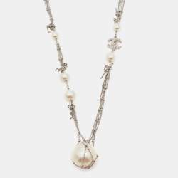 Pre Owned Chanel CC Crystal Silver Tone Charm Faux Pearl Multi Strand Necklace