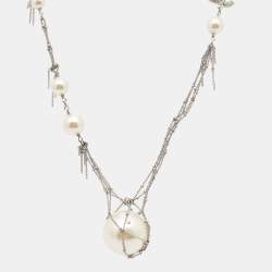 Pre Owned Chanel CC Crystal Silver Tone Charm Faux Pearl Multi Strand Necklace