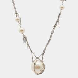 Pre Owned Chanel CC Crystal Silver Tone Charm Faux Pearl Multi Strand Necklace