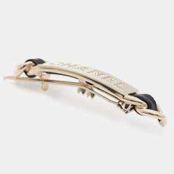  Chanel Gold Plated and Leather Rhinestone Logo Hair Clip 
