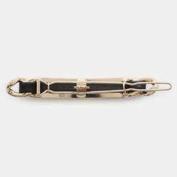  Chanel Gold Plated and Leather Rhinestone Logo Hair Clip 